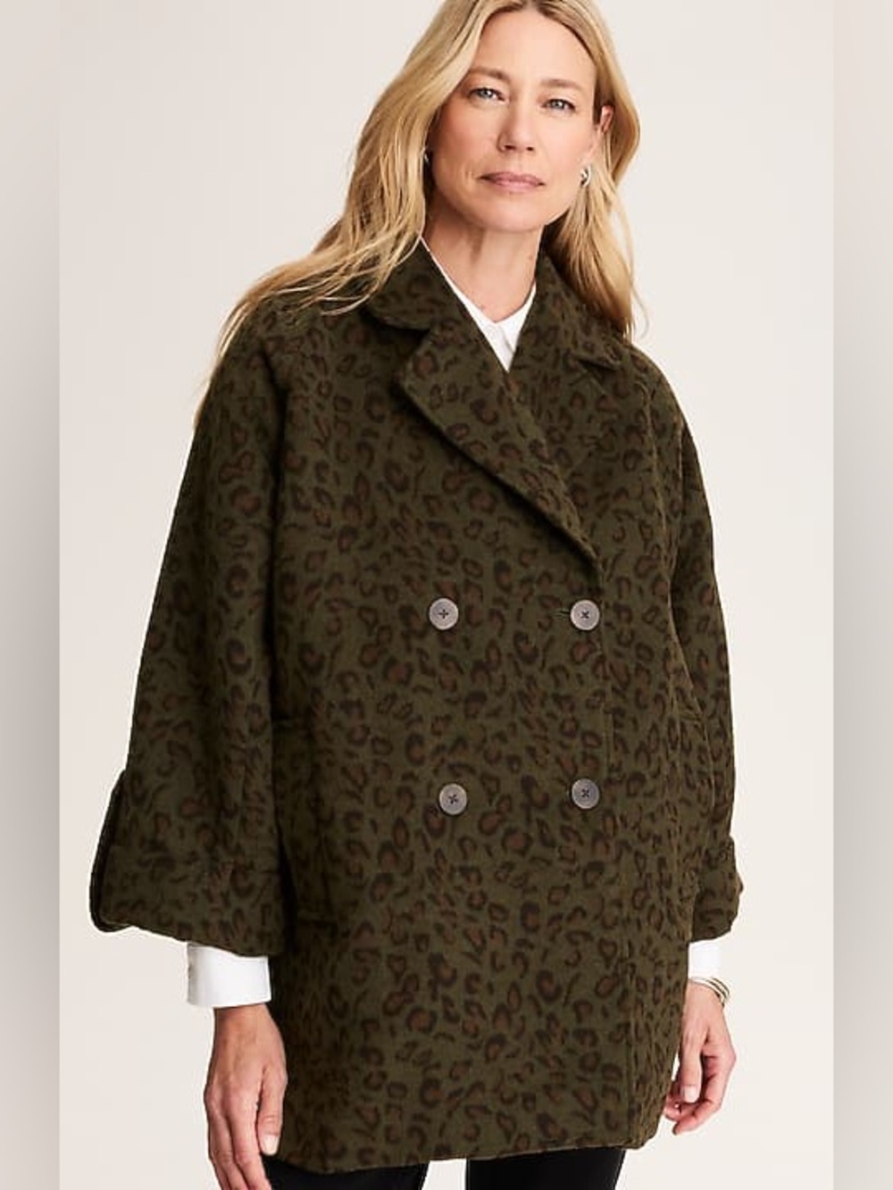J. Jill EUC Womens Mid Length Leopard Jacquard Cocoon Coat Olive Green Black-M